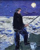 GWILYM PRICHARD oil on board - figure fishing, entitled verso on Attic Gallery label 'Fishing by