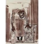 KAREL LEK inkwash - hunched over standing female seemingly salvaging rubbish in a street, signed, 38