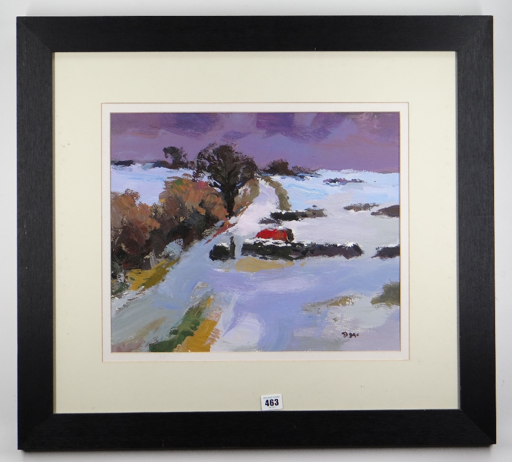 DONALD MCINTYRE acrylic on board - snow scene, Tregarth, signed with initials, 36 x 43cms - Image 2 of 2