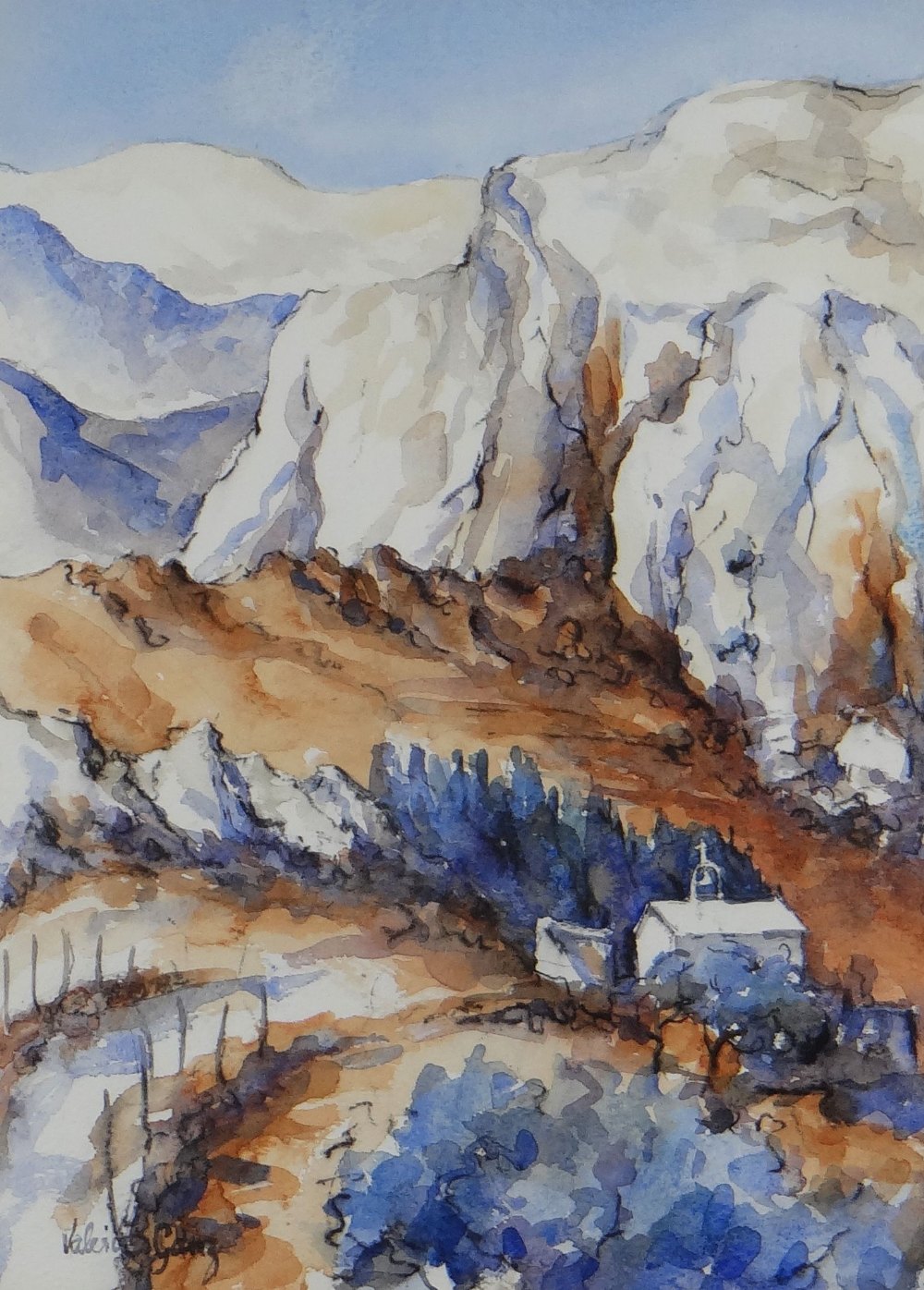 VALERIE GANZ watercolours, a pair - Cypriot landscapes, one with small church, the other with - Image 4 of 5