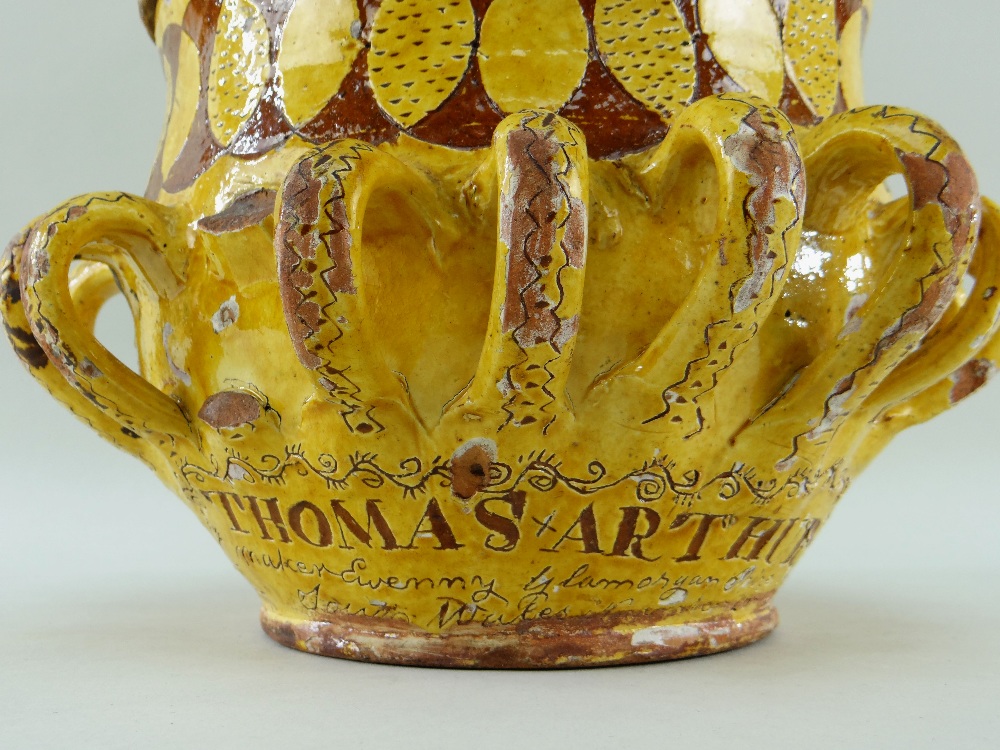 AN IMPORTANT EWENNY POTTERY SLIPWARE WASSAIL BOWL & COVER, DATED 1823 glazed in yellow over red with - Image 2 of 4