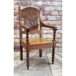 EISTEDDFOD CHAIR 1908 with carved panel of mountain goat, inscribed Eisteddfod Rhiw 1908 (with