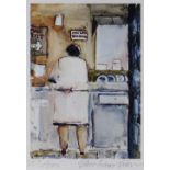 JOHN KNAPP-FISHER limited edition (357/500) print - figure in a cafe kitchen, signed, 22 x 17cms