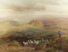 DAVID COX SNR watercolour - expansive Welsh landscape with Carreg Cennen Castle, shepherds and