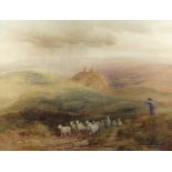 DAVID COX SNR watercolour - expansive Welsh landscape with Carreg Cennen Castle, shepherds and