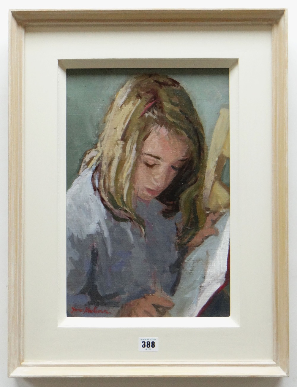 JAMES MACKEOWN oil on canvas - portrait of a student girl, entitled verso 'Reading', signed, 38 x - Image 2 of 2