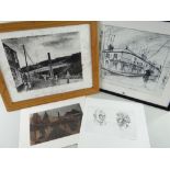 GEORGE CHAPMAN four prints - including linocut of graveyard, engraving of two head portraits, copy