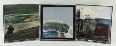 JACK CRABTREE triptych mixed media on board - mining landscapes with colliery equipment, each 27 x