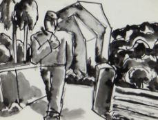 JOSEF HERMAN OBE RA inkwash and pencil - figure walking, entitled verso on Albany Gallery label 'A