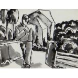 JOSEF HERMAN OBE RA inkwash and pencil - figure walking, entitled verso on Albany Gallery label 'A