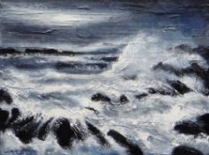 WILF ROBERTS oil on canvas - Ynys Mon coast with crashing waves, entitled verso 'Moonlit Trearddur',