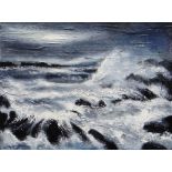 WILF ROBERTS oil on canvas - Ynys Mon coast with crashing waves, entitled verso 'Moonlit Trearddur',