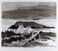 SIR KYFFIN WILLIAMS RA coloured limited edition (78/350) print - Moelfre, Ynys Mon, with tanker