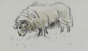 SIR KYFFIN WILLIAMS RA mixed media - a standing Welsh ram, signed with initials, 13.5 x 23cms