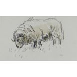 SIR KYFFIN WILLIAMS RA mixed media - a standing Welsh ram, signed with initials, 13.5 x 23cms