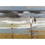 DONALD MCINTYRE acrylic on board - coastal scene with three figures, signed with initials and with