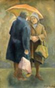 GEORGE CHAPMAN oil on board - two ladies in discussion under umbrella, entitled verso 'Gossip in the