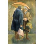 GEORGE CHAPMAN oil on board - two ladies in discussion under umbrella, entitled verso 'Gossip in the