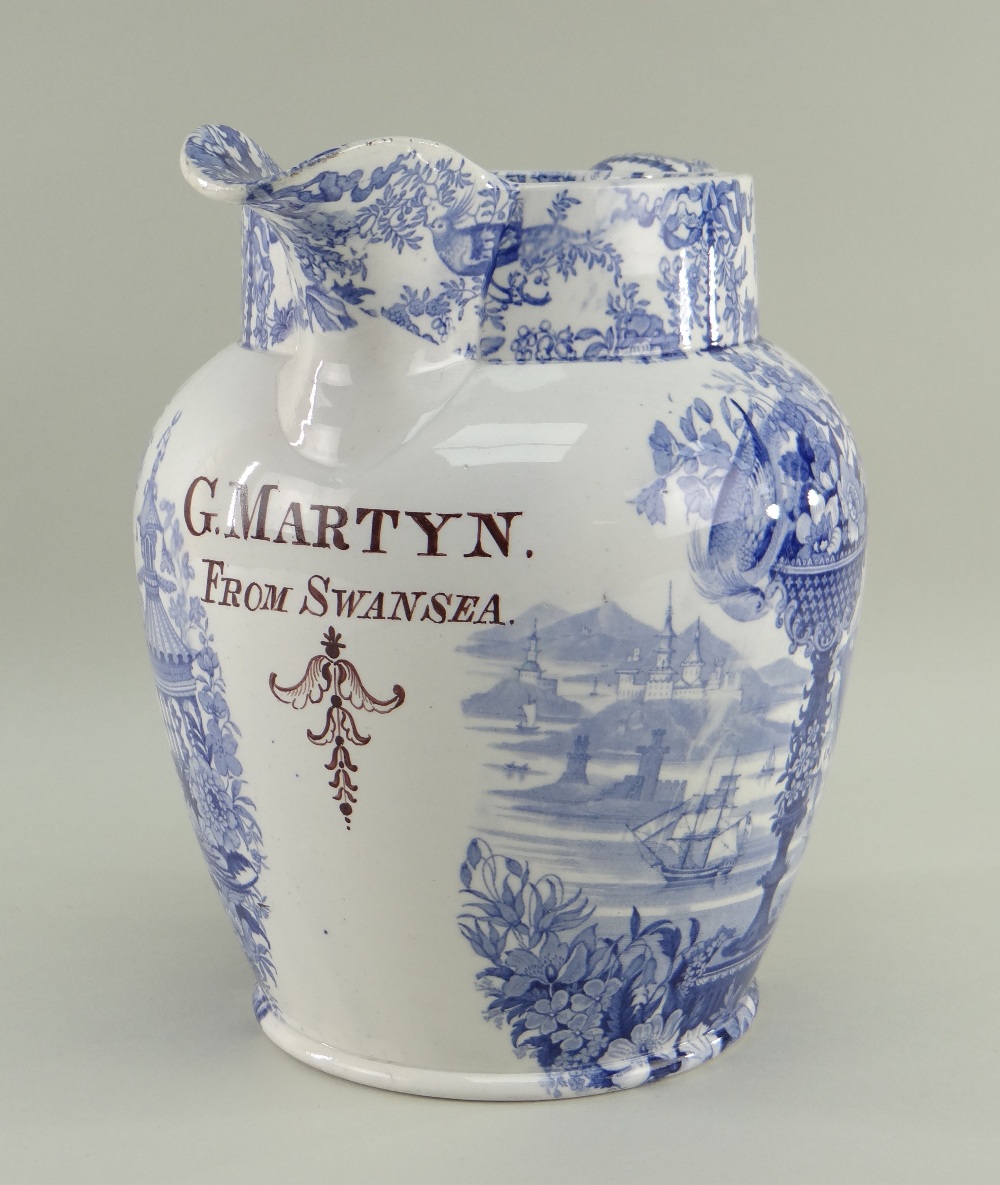 A BLUE & WHITE SWANSEA POTTERY DOCUMENTARY JUG IN THE ORIENTAL BASKET TRANSFER of baluster form,