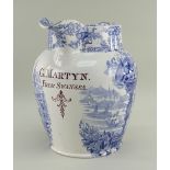 A BLUE & WHITE SWANSEA POTTERY DOCUMENTARY JUG IN THE ORIENTAL BASKET TRANSFER of baluster form,