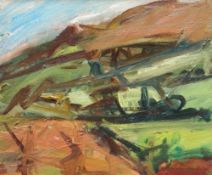 PETER PRENDERGAST oil on canvas - landscape, entitled verso 'Hill Spring Day', signed verso, 26 x
