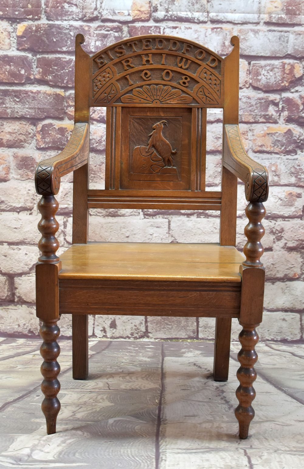 EISTEDDFOD CHAIR 1908 with carved panel of mountain goat, inscribed Eisteddfod Rhiw 1908 (with - Image 3 of 3