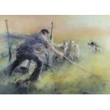 WILLIAM SELWYN artist proof colour print - farmer and dog gathering sheep, signed in full, 32 x
