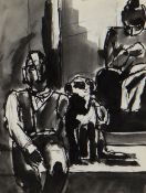 JOSEF HERMAN OBE RA inkwash and pencil - two figures and dog, entitled verso on Albany Gallery label