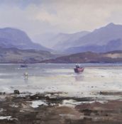 GARETH THOMAS oil on board - the Menai Straits near Beaumaris with boats and the distant