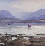 GARETH THOMAS oil on board - the Menai Straits near Beaumaris with boats and the distant