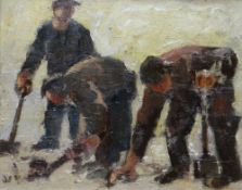 WILLIAM SELWYN oil on board - three workmen with spades, signed with initials, 20 x 24cms