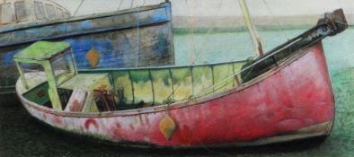 GARETH DAVIES watercolour - boats with red and blue hulls, signed and dated 2002, 23 x 52cms
