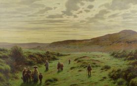 JOSEPH KNIGHT large watercolour and gouache - expansive moorland landscape at evening, with