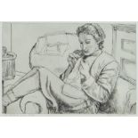 EDGAR HOLLOWAY etching - portrait, titled top right 'DMH Sewing at the Sychtre, 1943', signed in