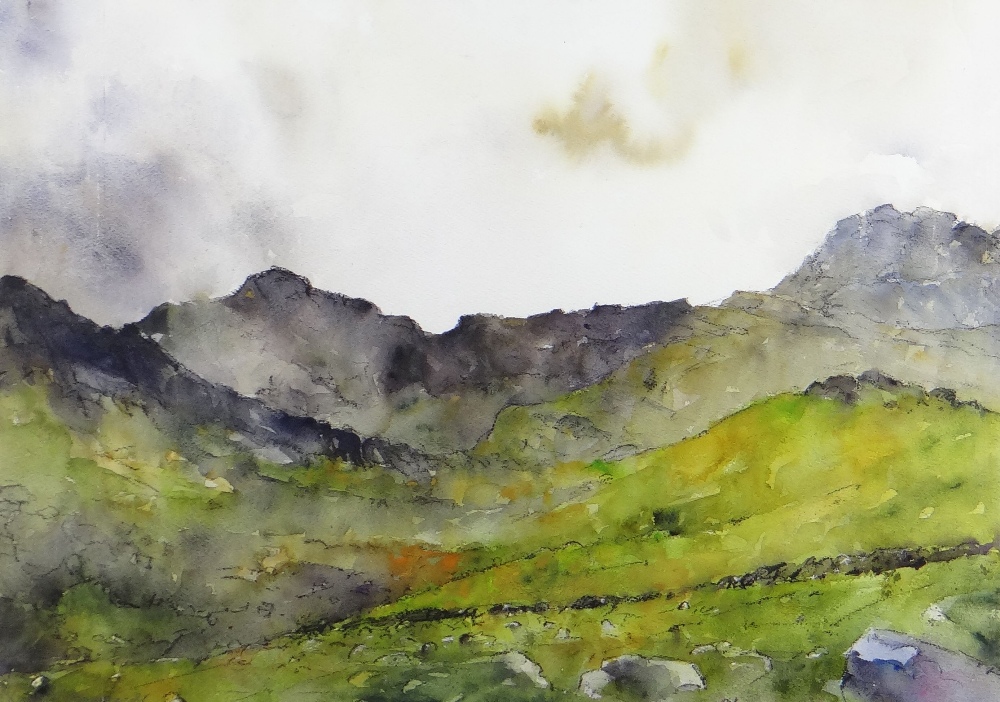 DAVID GROSVENOR watercolour - Eryri landscape, entitled verso 'Llanberis Pass', signed, 51 x 70cms