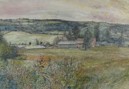 GLYN GRIFFITHS large watercolour and pencil - landscape with farm, signed, 51 x 74cms Provenance: