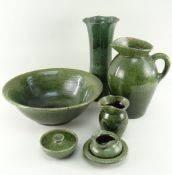 GREEN GLAZED EWENNY POTTERY including part toilet set and tall vase, 36cms high Provenance: