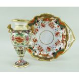 A SWANSEA PORCELAIN JAPAN VASE & SHELL HANDLED DISH dish handle picked out in gold, decorated in