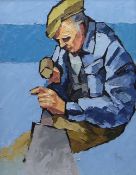 IFOR PRITCHARD oil on board - slate worker splitting on a blue background, entitled verso 'Y