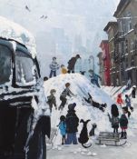 NICK HOLLY oil on canvas - children playing on a mound of snow in a street with skyscrapers
