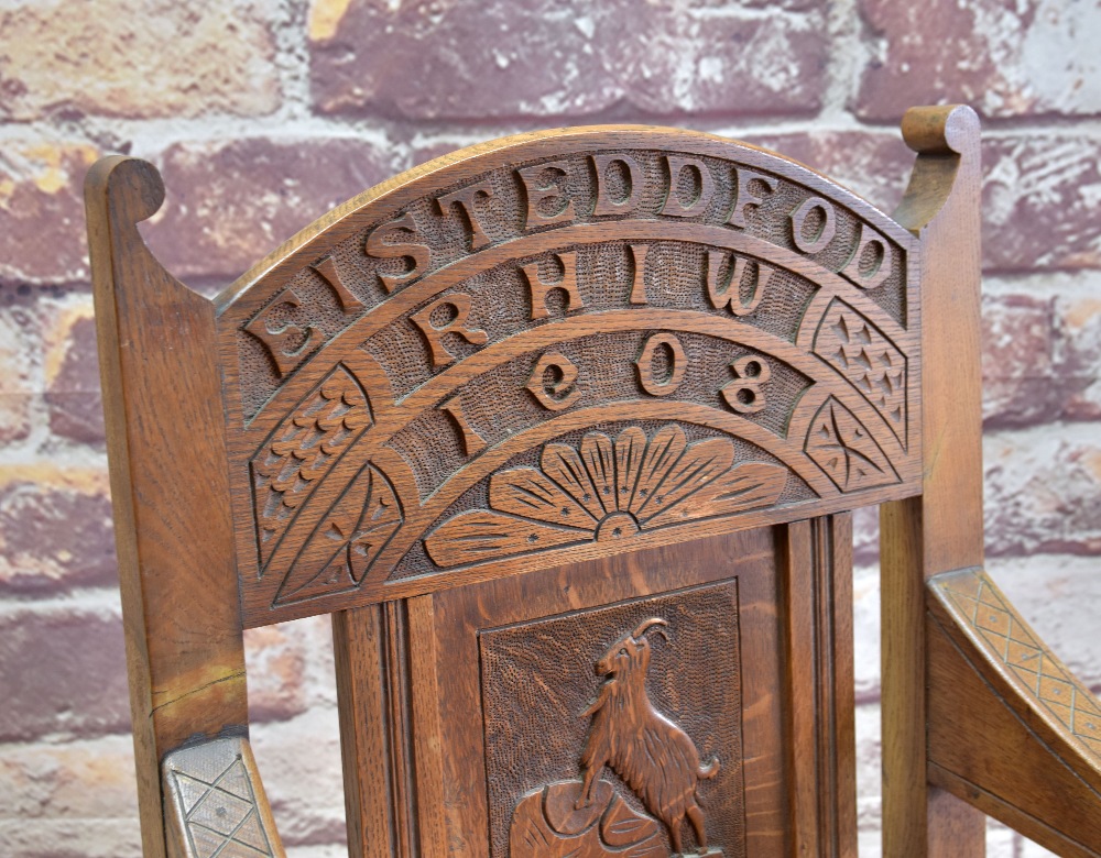 EISTEDDFOD CHAIR 1908 with carved panel of mountain goat, inscribed Eisteddfod Rhiw 1908 (with - Image 2 of 3
