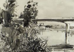 DENIS MATHEWS inkwash - landscape, entitled verso 'Bridge Across the Loire, Nr Saumur', dated