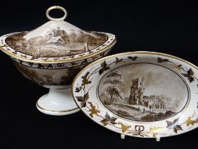 A SWANSEA POTTERY SAUCE TUREEN & COVER WITH STAND of gondola form having a loop handle, painted in