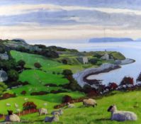 PETER WINSTANLEY oil on linen - Penmon Anglesey coastal scene with grazing sheep and the Great