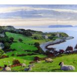 PETER WINSTANLEY oil on linen - Penmon Anglesey coastal scene with grazing sheep and the Great