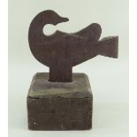 19TH CENTURY SLATE GOOSE FORM DOOR STOP on a square base, probably Dyffryn Ogwen, 23cms high