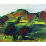 MIKE JONES oil on card / board - Carmarthenshire landscape, entitled verso 'Landscape of Gwynfe',