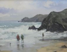 GARETH THOMAS oil on canvas - rocky coastalscape with breaking waves and three fisherman, signed