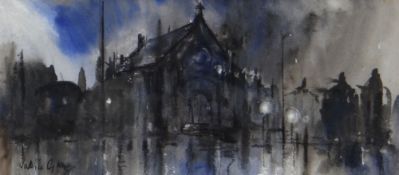 VALERIE GANZ mixed media - Welsh chapel and street at dusk, signed, 22 x 46cms Provenance: private