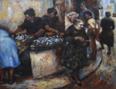 JOHN BOWEN oil on board - market scene, entitled verso 'Fishsellers at Tossa de Mar', signed and